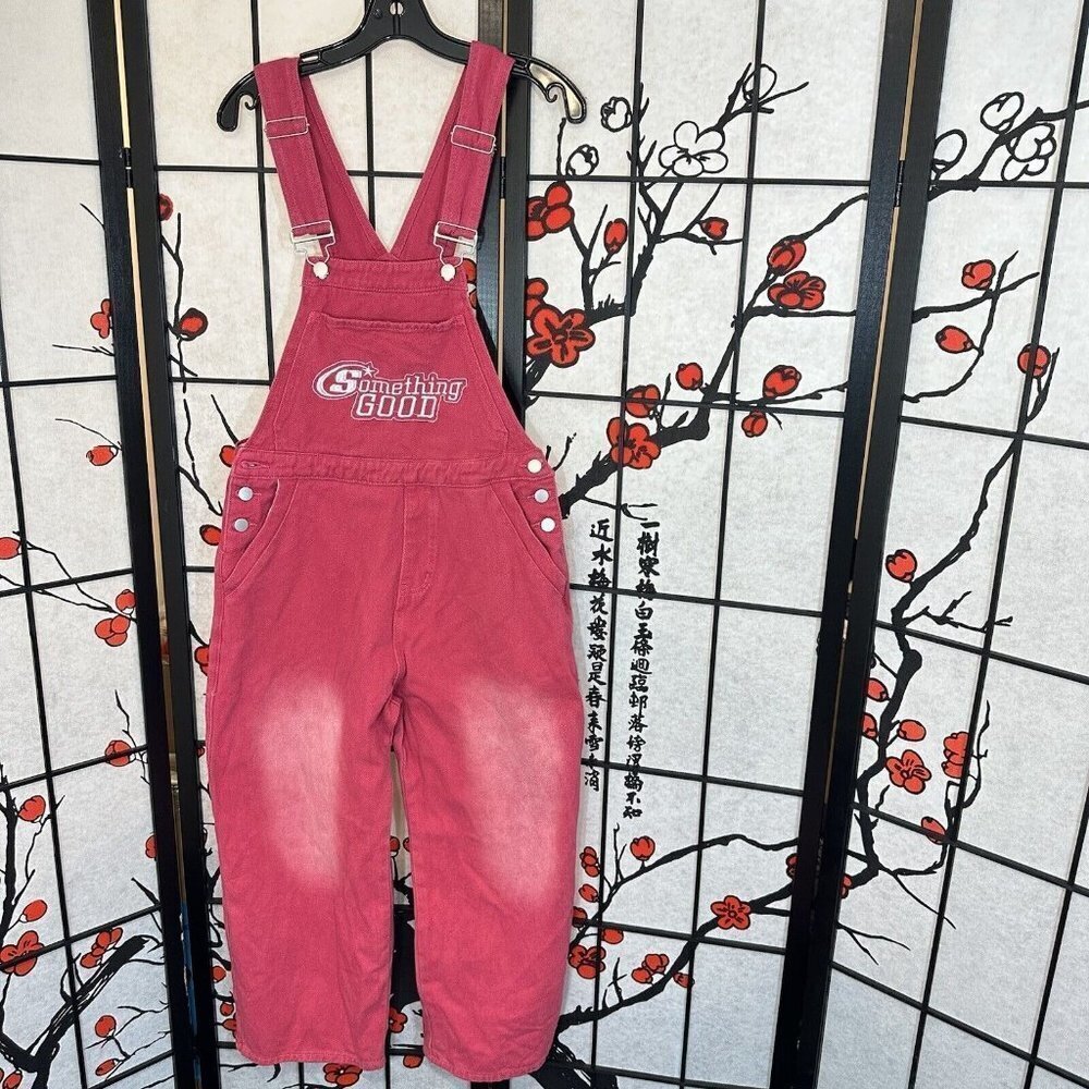 Elfric Eden Baggy Denim Overalls Size S Something Good Embroidered Pink Y2K